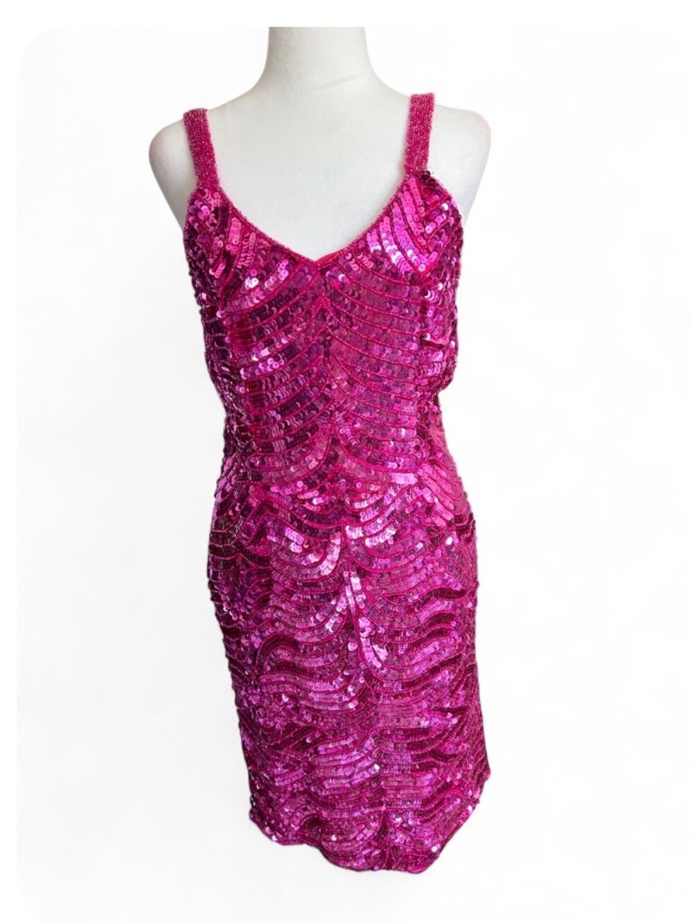 Vintage 1990 Pure Silk Hot Pink Sequin & Beaded Formal Mini Dress- Made in India
